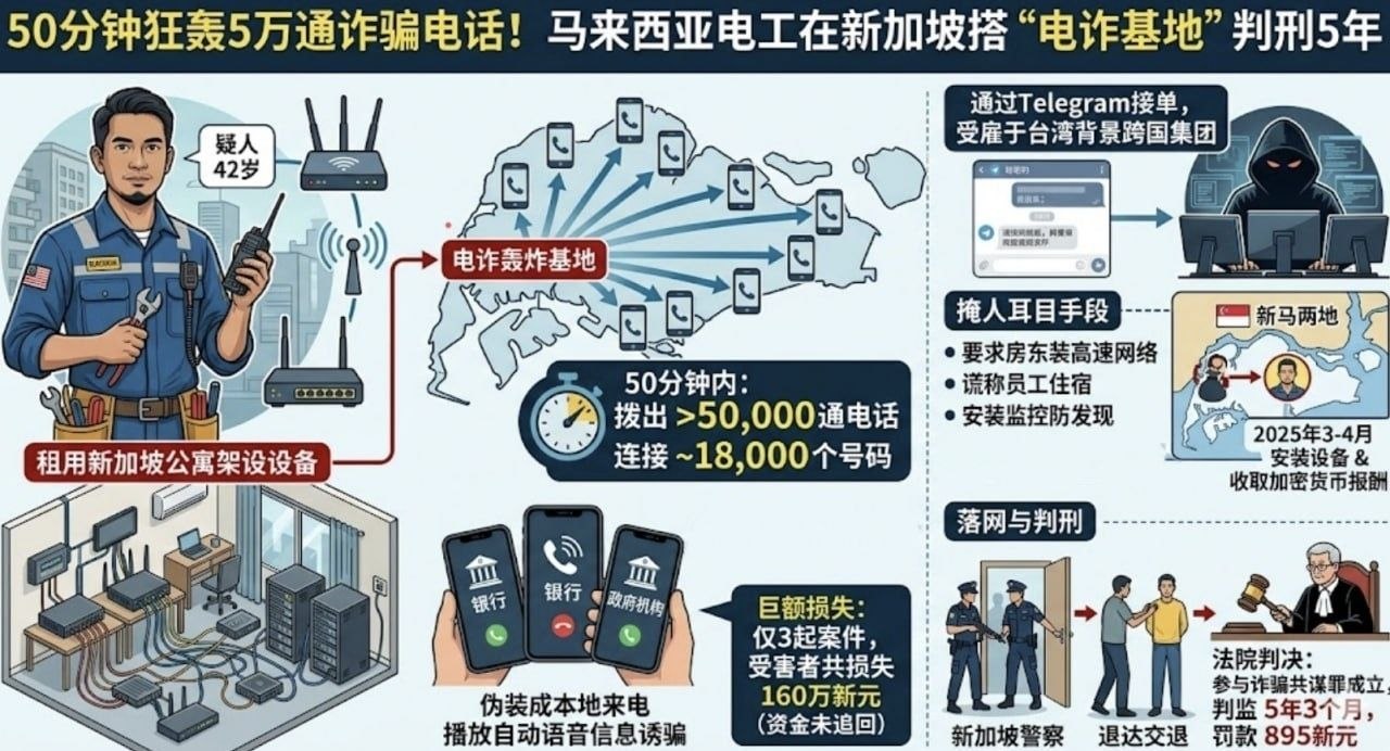 亚太警务报道|50分钟狂拨5万通诈骗电 马来西亚电工新加坡搭“电诈基地”获刑5年