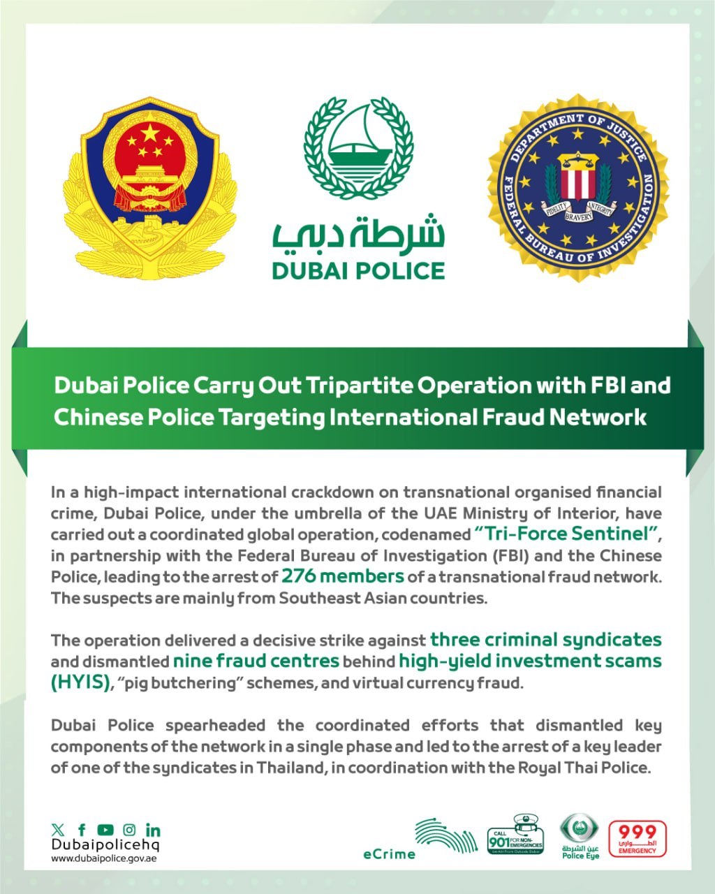 迪拜牵头多国雷霆合围！联手中方、FBI 跨国行动，打掉特大金融诈骗网络 276 人落网-亞太之聲電視台